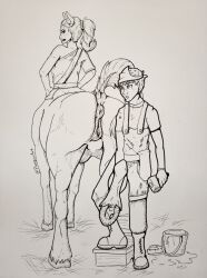 anus black_and_white centaur clothed clothing duo equid equid_taur female genitals hair hi_res hooves human humanoid_taur looking_back male mammal mammal_taur monochrome paoguu pussy taur