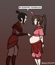 2girls avatar_the_last_airbender azula belly big_belly big_breasts black_hair blush breasts brown_hair clothed clothed_female clothing dialogue female female_only hand_on_belly maiesio_phil midriff navel nickelodeon non-nude outie_navel popped_navel pregnant sidebelly small_breasts standing text ty_lee yuri