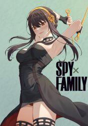 armpits assassin black_hair dress long_hair red_eyes smile spy_x_family stiletto_(weapon) thorn_princess yor_briar yor_forger