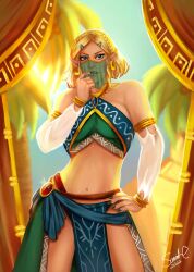 1girls belly_dancer belly_dancer_outfit blonde_hair blue_eyes breath_of_the_wild detached_sleeves earrings forty_fathoms_(artist) gerudo_outfit gerudo_top gerudo_veil harem_girl harem_outfit hylian hylian_ears large_breasts loincloth looking_at_viewer nintendo pointy_ears princess_zelda royalty tears_of_the_kingdom the_legend_of_zelda zelda_(tears_of_the_kingdom)