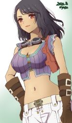 bare_shoulders black_hair blue_shirt breasts brown_hair cleavage highres large_breasts long_hair midriff mole mole_under_mouth navel nintendo oyasu_(kinakoyamamori) red_eyes sharla_(xenoblade) shorts white_legwear white_shorts xenoblade_(series) xenoblade_chronicles