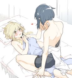 1boy1girl asdfghjk9090 blonde_hair blue_hair blush femboy genshin_impact girly heterosexual in_love kissing_hand lumine_(genshin_impact) man_on_top on_bed open_mouth partially_clothed short_hair straight tomboyish_sidetails wholesome xingqiu_(genshin_impact)