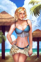 1girls beach bikini blonde_hair blue_eyes breath_of_the_wild cleavage forty_fathoms_(artist) hairclip hand_on_hip hylian hylian_ears large_breasts necklace nintendo pointy_ears princess_zelda sarong seagull seaside tears_of_the_kingdom the_legend_of_zelda zelda_(tears_of_the_kingdom)