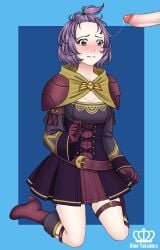 1boy 1girls alternate_costume alternate_hairstyle bernadetta_von_varley black_eyes blush breasts cleavage crying crying_with_eyes_open cum cum_on_face facial female female_focus fire_emblem fire_emblem:_three_houses fire_emblem_warriors:_three_hopes front_ponytail frown grey_eyes hime_takamura kneeling male medium_breasts nintendo official_alternate_costume official_alternate_hairstyle purple_hair short_hair solo_focus