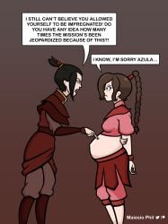 2girls avatar_the_last_airbender azula belly big_belly big_breasts black_hair breasts brown_hair clothed clothed_female clothing dialogue embarrassed female female_only hand_on_belly maiesio_phil midriff navel nickelodeon non-nude outie_navel poking_belly popped_navel pregnant scolding sidebelly small_breasts standing text troubled ty_lee yuri