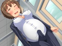 1futa aidon_raiki belly big_belly blush breasts brown_hair bulge clothed clothing erect_nipples erect_nipples_under_clothes erection erection_under_clothes fully_clothed futa_only futanari futanarization human light-skinned_futanari light_skin male_to_futa nipple_bulge nipples penis pregnant pregnant_futa rule_63 short_hair solo standing tenting