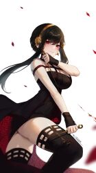 assassin black_hair dress long_hair red_eyes smile spy_x_family stiletto_(weapon) thorn_princess yor_briar yor_forger