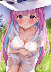 absurdres bangs blue_hair blue_nails blush breasts cleavage closed_mouth collarbone colored_inner_hair commentary covering covering_breasts day dress female grass hat highres hololive hololive_gen_2 hololive_japan kusana_(dudqja602) large_breasts lips long_hair looking_at_viewer minato_aqua multicolored_hair no_bra no_panties outdoors purple_eyes purple_hair see-through solo sun_hat sundress two-tone_hair virtual_youtuber wet wet_clothes white_dress white_headwear