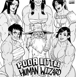 1boy 5girls bb_(baalbuddy) beard big_breasts black_hair dark-skinned_female dark_skin english_text fangs female hi_res human long_beard long_hair looking_at_viewer male monochrome muscles muscular muscular_female orc orc_female pointy_ears short_hair skinny skinny_male smiling smiling_at_viewer taller_girl text twintails white_background white_beard witch_hat