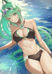 bare_shoulders bikini black_bikini breasts cleavage core_crystal fadingzz green_eyes green_hair large_breasts midriff navel nintendo pneuma_(xenoblade) ponytail swimsuit thick_thighs thighs water wet xenoblade_(series) xenoblade_chronicles_2