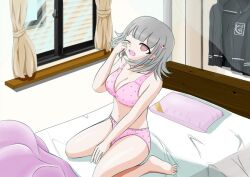 alternate_version_available bed bra breasts danganronpa danganronpa_2:_goodbye_despair female_only iris_(artist) large_breasts nanami_chiaki panties rubbing_eyes straight_hair super_danganronpa_2 underwear underwear_only waking_up