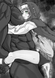 2boys abs anal anal_sex blue_eyes bridget clothed_male_nude_male compression_shorts cum cum_in_ass cum_inside dark-skinned_male faceless_male green_eyes greyscale guilty_gear guilty_gear_strive hoodie kori_(artist) larger_male licking licking_abs male male/male male_only monochrome muscular_male penetration penis penis_size_difference ripped_clothing ripped_shorts sex shorts size_difference small_penis spandex_shorts