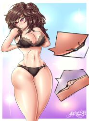 anime_style bikini bra breasts brown_hair cleavage copyright_request crush crushing deviantart entrapment giantess hips lingerie long_hair macrophilia panties purple_eyes shrinking shrunk shrunken thick