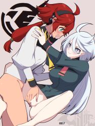 2girls bar_censor bottomless censored dark-skinned_female dark_skin female female_only fingering fingering_partner gundam gundam_suisei_no_majo leg_wrap miorine_rembran pussy red_hair suletta_mercury taditadi white_hair yuri