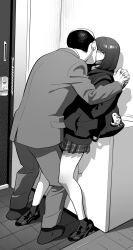 age_difference backpack balding female interlocked_fingers jacket kissing leg_between_thighs older_male plaid_skirt pleated_skirt