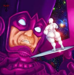 1boy 1girls age_difference altered bbw big_ass big_belly big_breasts big_butt chubby chubby_female comic_cover cover curvy desiaries fantastic_four female galactus galaxy genderswap genderswap_(mtf) huge_ass male marvel marvel_comics master planet rule_63 silver silver_skin silver_surfer size_difference space standing stars surfboard thedesiaries