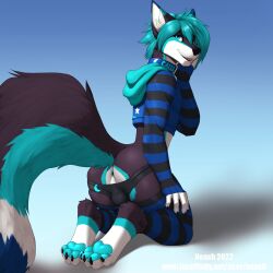 1:1 2022 4_toes anthro anthro_only anus black_body black_clothing black_fur black_legwear black_nose black_panties black_underwear blue_body blue_clothing blue_collar blue_eyes blue_fur blue_hair blue_legwear blue_pawpads blue_topwear bulge canid claws clothed clothing collar crossdressing dated fangs feet full-length_portrait fur girly glistening glistening_eyes glistening_hair hair hand_on_leg hi_res kneeling legwear male mammal messy_hair neash open_mouth open_smile panties pattern_clothing pattern_legwear pawpads paws perineum portrait presenting presenting_anus signature simple_background smile solo striped_clothing striped_legwear stripes text three-quarter_view toe_claws toes topwear underwear url white_body white_fur