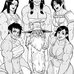 1boy 5girls bb_(baalbuddy) beard big_breasts black_hair dark-skinned_female dark_skin fangs female hi_res human long_beard long_hair looking_at_viewer male monochrome muscles muscular muscular_female old_man orc orc_female pointy_ears short_hair skinny skinny_male smiling smiling_at_viewer taller_girl twintails white_background white_beard witch_hat