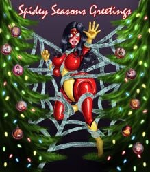 1girls big_breasts black_hair bondage breasts christmas christmas_tree diaper diaper_under_clothing female jessica_drew marvel nipple_bulge skintight spider-woman wishberri