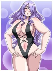 1girls alternate_costume black_one-piece_swimsuit black_swimsuit breasts camilla_(fire_emblem) center_opening female female_only fire_emblem fire_emblem_fates hair_over_one_eye hand_on_hip inabakun00 large_breasts long_hair nintendo one-piece_swimsuit pink_eyes purple_hair sideboob smile solo swimsuit very_long_hair