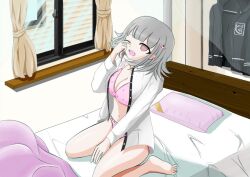 alternate_version_available bed bra breasts danganronpa danganronpa_2:_goodbye_despair female_only iris_(artist) large_breasts nanami_chiaki open_clothes panties rubbing_eyes shirt smooth_skin super_danganronpa_2 underwear waking_up