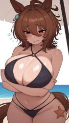 agnes_tachyon_(umamusume) umamusume umamusume_pretty_derby horse_tail horse horse_girl horse_ears light_skin light-skinned_female hybrid ai_generated ai ai_art 2020s 2026 bikini bikini_top bikini_bottom wet_body wet_skin wet shiny_clothes shiny shiny_breasts day daytime beach beach_background blushing blush looking_down frown frowning brown_hair_female brown_tail red_eyes tail furry_tail 2d 2d_(artwork) 2d_artwork digital_media_(artwork) digital_drawing_(artwork) digital_media starfish 1girls girl sexually_suggestive cropped_legs cropped female_focus female_only female humanoid curvy_female curvy_body curvy_figure curvy hourglass_figured_female hourglass_figure breasts tits big_boobs boobs big_titties big_tits big_breasts cleavage cleavage_overflow fingers thick_hips big_hips hips wide_hips thighs big_thighs thick_thighs curvy_thighs wide_thighs ears long_ears furry_ears ears_up eyebrows eyelashes eyes eyes_open shy shy_expression embarrassed embarrassed_nude_female embarrassed_female curvy_hips navel belly belly_button clothes clothed revealing_clothes revealing_outfit revealing_clothing suggestive_look suggestive half-dressed half_naked half_nude partially_clothed partially_clothed_female arms_crossed arms_under_breasts