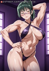 1girl breasts large_breasts swimsuit solo navel muscular_female yellow_eyes green_hair armpits indoors looking_at_viewer arm_behind_head slingshot_swimsuit window abs glasses muscular smile hand_on_own_hip ponytail arm_up o-ring bikini purple_bikini semi-rimless_eyewear linea_alba standing closed_mouth thighs cowboy_shot purple-framed_eyewear halterneck stomach shiny_skin o-ring_bikini criss-cross_halter toned o-ring_swimsuit contrapposto areola_slip under-rim_eyewear lips blush presenting_armpit bare_shoulders covered_nipples highleg artmochiia ai_generated maki_zenin jujutsu_kaisen zenin_maki