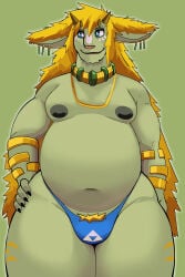 after_transformation anthro big_nipples blonde_hair blue_clothing blue_eyes blue_thong blue_underwear bulge choker clothed clothing coolietf cute_fangs dark_nipples ear_piercing ear_ring facial_markings fangs fur hair head_markings hi_res horn implied_transformation jewelry leg_markings link link_(zonai_form) long_ears long_hair male markings moobs navel necklace nintendo nipples piercing pubes ring_piercing skimpy slightly_chubby slightly_chubby_male small_horn smile solo teeth the_legend_of_zelda thong transformation triforce_symbol underwear zonai zonai_link