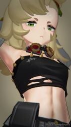 1girls 3d armpits arms_behind_head arms_up belly_button blonde blonde-haired_female blonde_female blonde_hair breasts clothed clothed_female clothing female female_focus female_only goggles goggles_around_neck hoyoverse light-skinned_female light_skin navel piper_wheel small_breasts stomach stomach_focus stretching tube_top tubetop tummy zenless_zone_zero zzztimelyangels