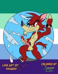 absurd_res alternative_fashion anthro butt canid canine claws cum_in_air decker ejaculation erection exposed_glans facial_piercing foreskin genitals gesture go!_go!_hypergrind hand_gesture hi_res lgbt_pride male mammal middle_finger nose_piercing nose_ring nude penis piercing pink_triangle pride_colors pubes punk red_rocket_roller_board retracted_foreskin ring_piercing sharako solo video_game_character vincian_pride_colors