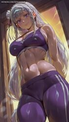 1girl solo long_hair breasts looking_at_viewer blush smile bangs large_breasts hair_ornament ribbon navel cleavage bare_shoulders closed_mouth standing purple_eyes hair_ribbon braid flower grey_hair cowboy_shot sweat pointy_ears midriff shiny pants indoors hair_flower blunt_bangs stomach cameltoe arms_behind_back looking_down abs from_below x_hair_ornament white_flower low-tied_long_hair toned sunset sports_bra purple_ribbon evening emilia_(re:zero) re:zero_kara_hajimeru_isekai_seikatsu ai_generated dandanhub