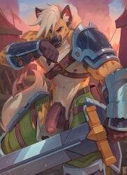 action_pose anthro armor big_penis blood blood_from_mouth blood_in_mouth bodily_fluids bottomwear brown_body brown_fur clothing fire foreskin fur genitals gnoll hair hi_res holding_melee_weapon holding_object holding_sword holding_weapon humanoid_genitalia humanoid_penis hyena looking_at_viewer male mammal markings melee_weapon muscular muscular_anthro muscular_male outside pants pauldron penis pose sinsquared smoke solo spots spotted_body spotted_fur sword tent torn_bottomwear torn_clothing torn_pants weapon white_hair wiping_mouth