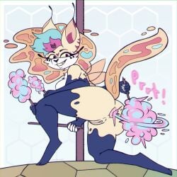 anthro anus candy candy_feces canid canid_demon canine cotton_candy cotton_candy_poop demon dessert feces female food food_feces fox genitals hellaverse helluva_boss hi_res mammal nude nude_female pink_eyes pooping puffy_anus queen_bee-lzebub_(helluva_boss) raised_tail scat smile solo tail unusual_feces vulva zaffyx