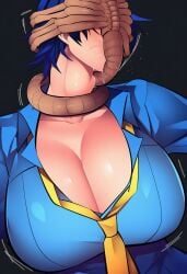 1girls ai_generated alien alien_(franchise) atlus big_breasts blue_hair breasts cleavage clothed clothed_female clothing crossover deepthroat face_fuck facehugger female female_focus interspecies monster naoto_shirogane oral oral_penetration persona persona_4 shirogane_naoto short_hair tomboy