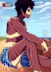 dabi touya_todoroki todoroki_touya beach beach_background dick_slip dick cock penis penis_out accidental_exposure 1male male male_only scar scars scar_on_face scars_all_over swimsuit swimming_trunks smoking recording loggyburger my_hero_academia boku_no_hero_academia black_hair pale_skin relaxing