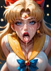 sailor_venus minako_aino sailor_moon blonde_female long_hair bangs blue_eyes big_lips close-up close_up_view looking_at_viewer pov open_mouth tongue_out drooling_cum dripping_cum cum_in_mouth cum_on_breasts cum_on_face red_hair_bow blue_bow orange_sailor_collar breasts cleavage dark_background stars curvy_female wide_hips thick_thighs bishoujo_senshi_sailor_moon toei_animation ai_generated moonchild41 high_quality