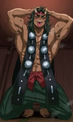 1boy abs armpit_hair armpits arms_up barefoot beefy biceps big_areola blurry_background breasts brown_hair collarbone dark_skin demon demon_slayer devil evil eyelashes eyeshadow feet frown gay green_sclera hands_behind_head hi_res horn karaku kimetsu_no_yaiba kneeling long_hair long_tongue low-angle_view male male_only manly mature_male muscles muscular muscular_arms muscular_male musk musk_clouds naughty_face navel no_visible_genitalia peanuts4343 pecs pom_poms scarf seductive six_pack solo steamy_armpits tattoo_on_tongue thick_eyebrows tongue_out topless triceps v-shaped_eyebrows veiny_face wooden_ceiling wooden_floor wooden_wall yaoi yellow_eyes
