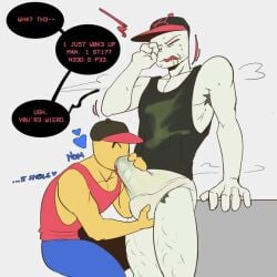 2boys balls big_penis block_tales blowjob blowjob_only blowjob_through_clothes bottomless chastisedhorns dialogue gay griefer_(block_tales) male male/male male_only oral pants penis player_(block_tales) roblox roblox_game robloxian speech_bubble tagme tank_top