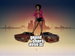 1girls absurd_res afro beautiful_female black_miniskirt black_skirt cleavage dark-skinned_female grand_theft_auto grand_theft_auto_iii gta_prostitute high_heels highres huge_breasts leaning_to_the_side logo massive_breasts mature_female miniskirt navel pink_bra redfill redfillart rockstar_games short_skirt skirt source_request text unbothered watermark