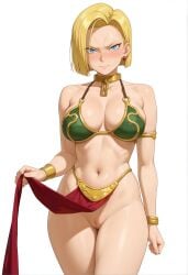 android_18 1girl solo breasts looking_at_viewer short_hair blue_eyes large_breasts blonde_hair white_background navel jewelry earrings pussy pelvic_curtain ai_generated ai_art tagme ai xxai dragon_ball dragon_ball_z dragon_ball_super slave_leia_(cosplay)