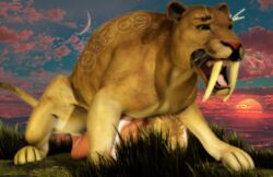 3d afternoon animal blonde_hair chi_chi_(artist) cum dripping feline female feral grass hair human interspecies male poser_porn saberteeth straight sunset tail tiger zoophilia