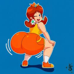 1girls arousal ass ass_crack ass_focus ass_shake athletic athletic_female big_ass big_butt blue_eyes booty_shorts breasts bubble_ass bubble_butt butt_crack butt_focus clapping_cheeks clothed crown curvy earrings fat_ass fat_butt female female_only flower flower_in_hair freckles hands_on_knees huge_ass human jiggling_ass jiggling_butt large_ass looking_at_viewer looking_back mario_(series) motion_lines mouth_open nintendo orange_clothing orange_shorts plump_ass plump_butt princess princess_daisy red_hair revealing_clothes seductive seductive_look seductive_pose shaking_ass shaking_butt shiningtatsu short_hair short_shorts shorts simple_background skimpy_clothes smile smiling_at_viewer sneakers solo tank_top teeth_showing thick thick_ass thick_butt thighs tight_clothing tomboy twerk twerking winking_at_viewer yellow_skirt edit edited edited_by_uploader