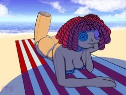 asmodeo69 the_amazing_digital_circus gooseworx glitch_productions ragatha_(the_amazing_digital_circus) ragatha ragatha_(tadc) ragatha_(beach_outfit) bikini breasts laying_on_stomach laying_on_towel laying_on_towel_at_beach beach ass topless legs_in_air doll_girl ragdoll red-haired_female red_hair solo_female 1girls button_eye triangle_nose