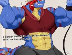 2026 4_fingers abs anthro biceps blue_body blue_markings body_size_growth bottomwear broad_shoulders bulge claws clothes_shrinking clothing digital_media_(artwork) english_text facial_hair facial_markings fingers flexing flexing_bicep goatee growth hair hands_on_ceiling head_markings hi_res hoodie horn kobold livestream long_hair male markings multicolored_body muscle_growth muscle_inflation muscular muscular_anthro muscular_arms mutton_chops open_mouth pants pecs pink_eyes rakeesh red_stripes rippage room_filling scalie simple_background size_transformation sleeveless_clothing small_room small_waist solo stretched_clothing stripes tail teeth text thick_arms tight_clothing tight_fit topwear torn_clothing transformation unusualboo54 yellow_body