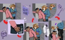 absurd_res anthro bulge clothing comic deer digital_media_(artwork) duo fur grope hi_res humiliation latex male male/male mammal mrpawpaw mustelid null otter public public_exposure public_humiliation simple_background sox_the_otter tail