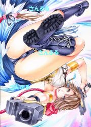 final_fantasy final_fantasy_x final_fantasy_x-2 yuna yuna_(gunner) yuna_(ff10) brown_hair multicolored_eyes short_hair guns action_pose ass underwear black_underwear 1girls female 2d_(artwork) traditional_media_(artwork) yqgkg maruto_(marutohonpo)