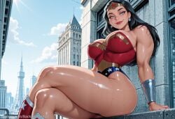 1girl ai_generated ass backdoorsenpai bare_legs bare_shoulders big_ass black_hair blue_eyes blue_leotard blurry boots bracer breasts circlet covered_nipples curvy dc_comics earrings egao female_focus from_side jewelry justice_league justice_league_unlimited large_breasts lips lipstick looking_at_viewer makeup naughty_face naugty_eyes perky_breasts red_knee_boots red_leotard red_lips silver_bracelets sitting smile solo_focus star_(symbol) star_earrings star_print star_print_leotard strapless superhero thick_thighs thighs tiara toned_female two-tone_leotard wide_hips wonder_woman wonder_woman_(series)