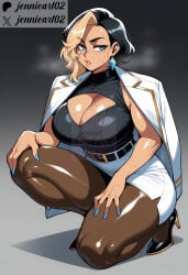 1girl ai_generated artist_name belt black_belt black_footwear black_hair black_pantyhose blonde_hair blue_eyes blue_nails breasts brown_pantyhose cleavage cleavage_cutout clothing clothing_cutout curvy domina earrings female fingernails footwear full_body gradient_background high-waist_skirt high_heels huge_breasts jacket jacket_on_shoulders jennieart02 jewelry large_breasts looking_at_viewer miniskirt multicolored_hair nail_polish office_lady on_one_knee overwatch overwatch_2 pantyhose parted_lips patreon patreon_logo patreon_username pencil_skirt shirt shirt_tucked_in short_hair skirt solo squatting sweat thick_thighs thighs triangle_earrings twitter twitter_logo twitter_username two-tone_hair watermark white_jacket white_skirt