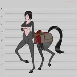 kawaiiredpandas tagme digital_media_(artwork) digital_drawing_(artwork) character_sheet centaur 1futa 1female 1futanari solo_focus solo_female flaccid_penis equine_genitalia big_balls hooves big_breasts short_hair black_hair red_eyes neutral_expression areolae sheath sheathed_penis saddle saddle_bag clothing ineffective_clothing