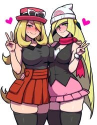 2girls ai_generated blonde_hair blush clothed cosplay cynthia_(pokemon) dawn_(pokemon) dawn_(pokemon)_(cosplay) embarrassed heart light-skinned_female long_hair lusamine_(pokemon) nintendo older_female pokemon serena_(pokemon) serena_(pokemon)_(cosplay) serena_(pokemon_games) thick_thighs